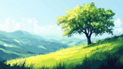 Fototapeta premium Serene Landscape With Single Tree On Hillside