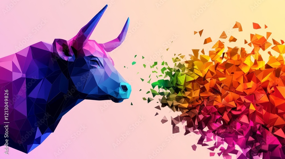 Poster colorful low poly bull disintegrating - abstract image of a low polygon bull, partially disintegrati
