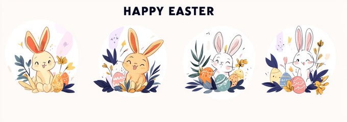 Fototapeta premium Happy Easter. Discover greeting cards or posters that showcase a bunny, spring flowers, and an Easter egg. An egg hunt poster template is also included. The design features a modern illustration