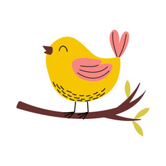 A cheerful cartoon bird happily perched on a branch, bringing joy to its surroundings. character design for spring, vector illustration in flat style on a white background