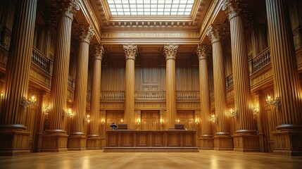 Obraz premium Elegant Wooden Hallway With Grand Columns and Skylight