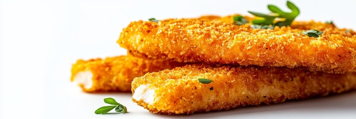 Crispy Breaded Fish Filets on White Background - Golden-brown, crispy breaded fish filets, stacked, garnished with fresh herbs.  Perfect for menus, recipes, or food blogs.  Delicious, savory, and visu