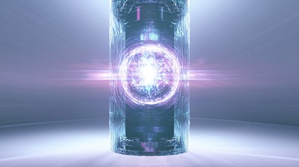 A radiant digital orb spinning within a crystalline cylinder