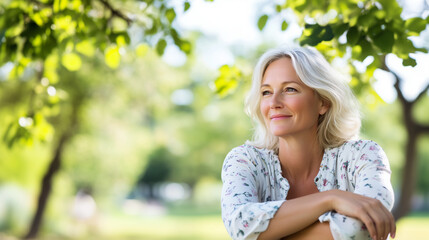 Naklejka premium A pretty blonde woman relaxing in the park, enjoying the fresh air and nature, with a peaceful and content expression on her face. pretty blonde, relaxing woman, park setting, natu