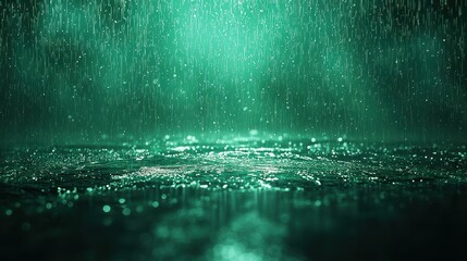 Green glitter rain falling on wet reflective surface, dark background.