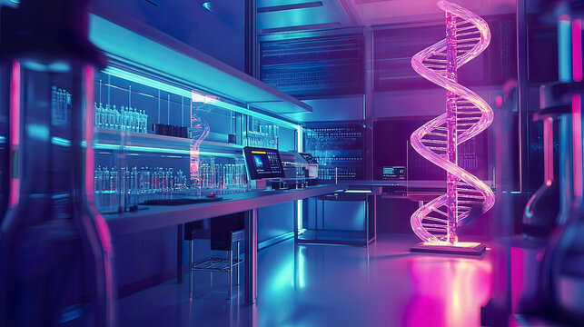 Futuristic genetic research setup with glowing DNA strands, advanced gene sequencing equipment