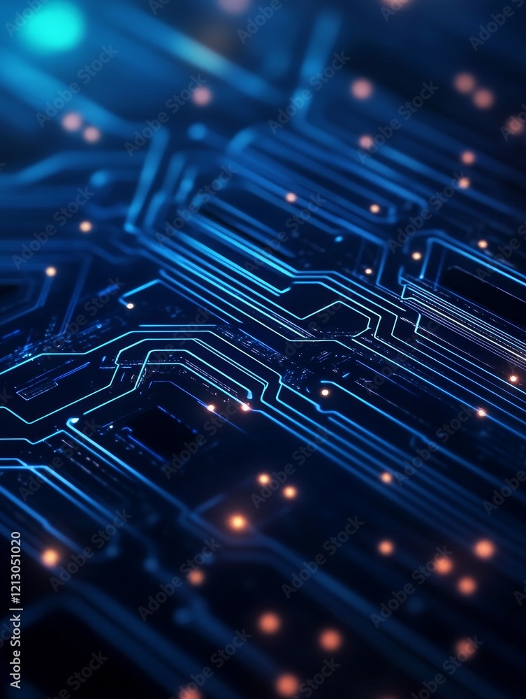 Poster digital circuitry abstract - close-up abstract view of glowing blue circuit board, intricate pathway