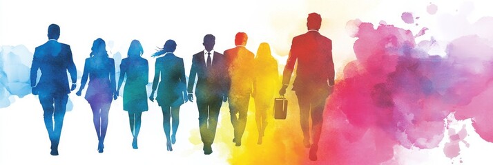 Diverse Team Walking Forward - A group of diverse professionals walking together, symbolized by colorful watercolor silhouettes. Represents teamwork, collaboration, and progress.