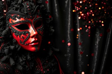 Venetian mask on female in elaborate red and black costume with dark background