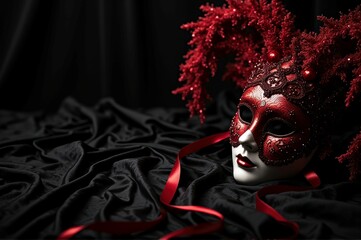 Intricate red masquerade mask with ribbon on black silk fabric background