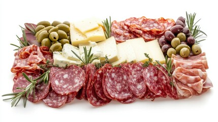 A platter of charcuterie featuring a variety of cured meats, cheeses, and olives