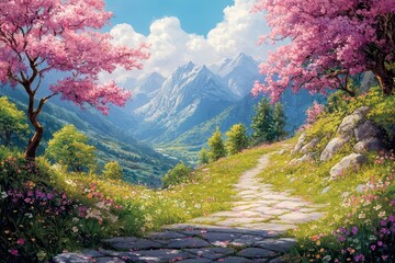 fantasy spring landscape featuring flowering trees along a whimsical stone path depicted in a storybook illustration style with bright colors and enchanting details