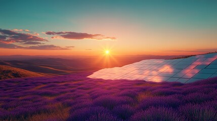 Obraz premium A radiant eternal sunset over glowing rolling hills with soft lavender grass and reflective sky panels covering the horizon.