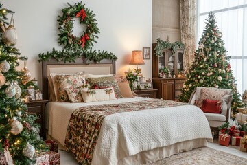 Festive Bedroom Christmas Decor - A cozy bedroom scene decorated for Christmas, featuring a bed with festive bedding, Christmas trees, and a wreath.