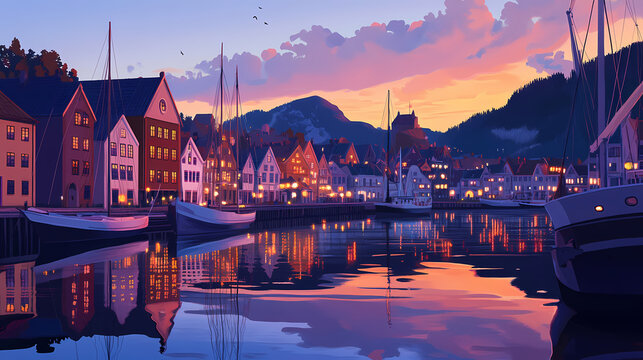 The harbor at bryggen, bergen, norway, at dusk, with colorful historic buildings and calm water reflecting the peaceful transition from day to night. Midnight Harbor. Illustration