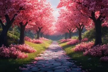 fantasy spring landscape featuring flowering trees along a whimsical stone path depicted in a storybook illustration style with bright colors and enchanting details