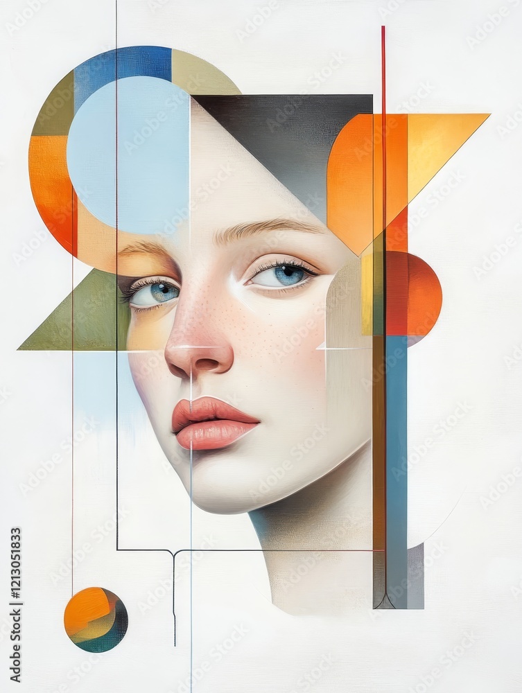 Poster geometric portrait of serenity - a woman's face is artfully integrated with geometric shapes and lin