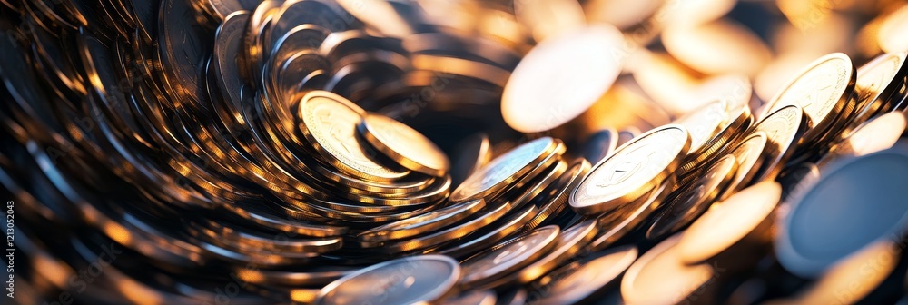 Poster golden coin vortex - a swirling mass of shiny golden coins creates a dynamic and visually appealing 