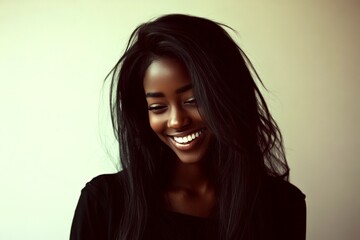 Long haircut - highlighted hair. Lovely smiling black girl - for ads, flyer and web marketing use. Commercial ad campaign concept art. Creative concept shoot. African hair glamour.