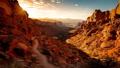 Gardinen Breathtaking canyon landscape at sunrise, showcasing dramatic cliffs, winding trails, and expansive desert views © Kaan