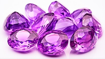 Natural Amethyst Gemstones: Closeup Macro Photography of Earth's Beautiful Purple Stones Isolated on White Background