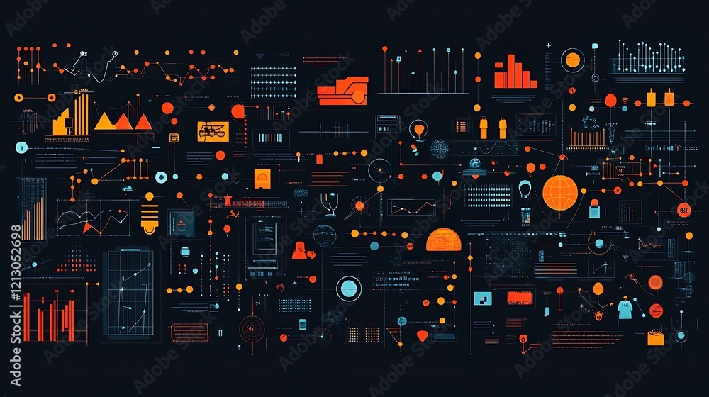 Poster abstract digital infographic showing various data points, charts, and graphs on a dark background.