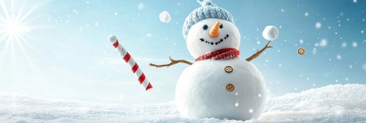 Fototapeta premium Happy Snowman Playing in Winter Snow - Cheerful snowman in a knitted hat joyfully playing with snowballs on a sunny winter day.