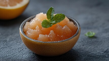 A halved pomelo styled with caramelized sugar and mint leaves, isolated on a matte charcoal gray background