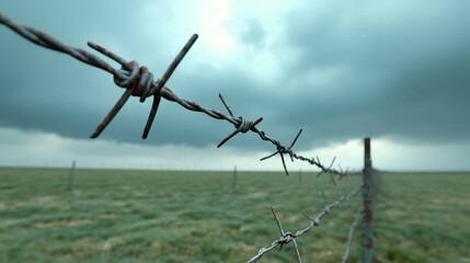 Haunting Barbed Wire Field Under Stormy Skies - A desolate landscape, barbed wire symbolizes confinement, isolation, division, restriction, and the passage of time.