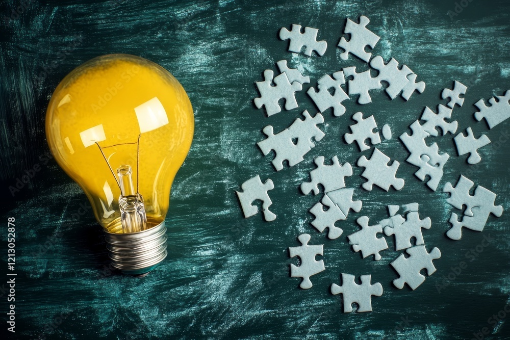 Poster illuminated solutions: puzzle and lightbulb - a bright yellow lightbulb rests beside scattered puzzl