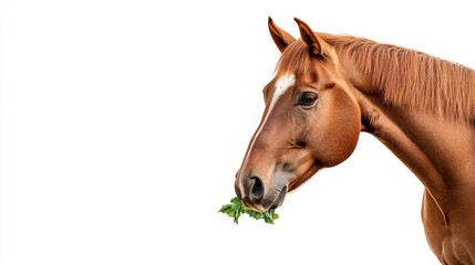 Obraz premium Isolated Brown Horse Eating Fresh Foliage - A beautiful chestnut horse, isolated on white, gently nibbles on fresh green leaves. Symbolising nature, grace, tranquility, nourishment, and freedom.