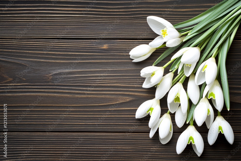 Poster snowdrop flowers in a flat lay on a wooden table, giving ample space for text to enhance the represe