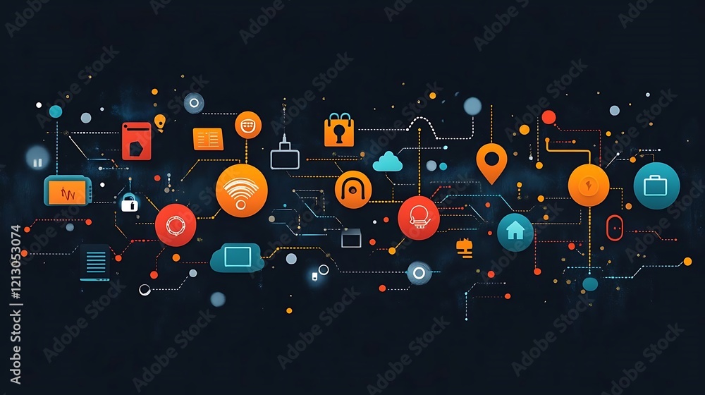 Poster network of interconnected icons representing technology, communication, and data flow.
