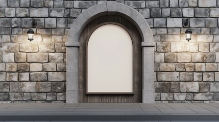 Medieval Archway Mockup: A rustic stone archway with a blank vertical sign, flanked by antique-style wall lamps, presents a perfect backdrop for your design or announcement.