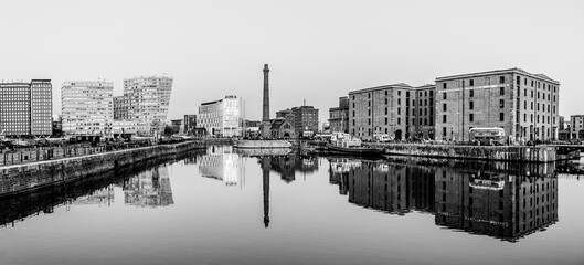 Liverpool, Lancashire, England, UK: Royal Albert Docks located in the Waterfront Pier Head Promenade of Liverpool in black and white