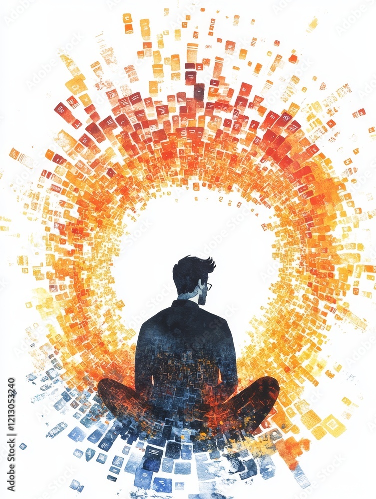Poster man contemplating digital data flow - a silhouette of a man sits cross-legged, surrounded by a swirl