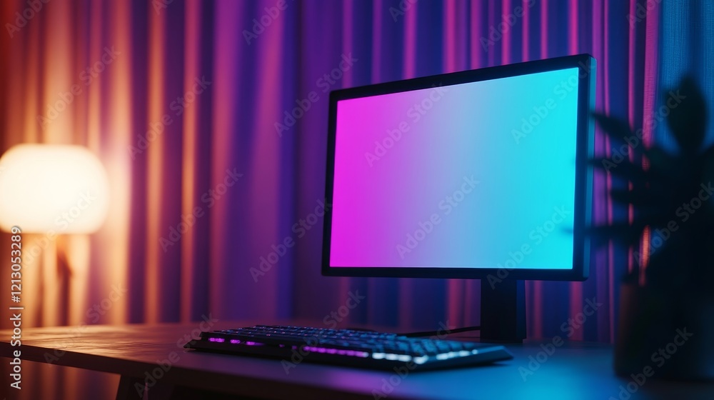 Poster Modern Computer Setup in Ambient Lighting - A sleek desktop computer with a vibrant gradient screen sits on a desk, bathed in colorful ambient lighting.