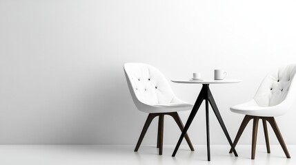 Minimalist White Chairs and Table - Two white chairs and a small round table sit against a white wall.  Simple, modern design.