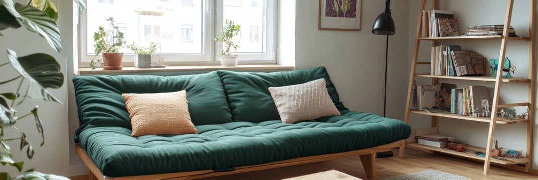 Modern Green Futon in Cozy Living Room - A dark green futon sofa sits in a bright living room, near a wooden bookshelf and potted plants.  Natural light streams in from a large window.