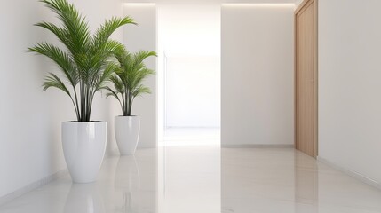 Modern Minimalist Hallway Interior - Two potted palm plants stand in a bright, minimalist hallway with white walls and a light wood door.