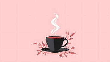 Banner with black cup of steaming hot tea featuring leaves arranged around the cup set against a soft pink background