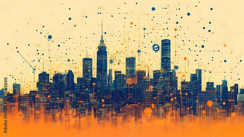 Poster abstract cityscape with network connections and data flow.