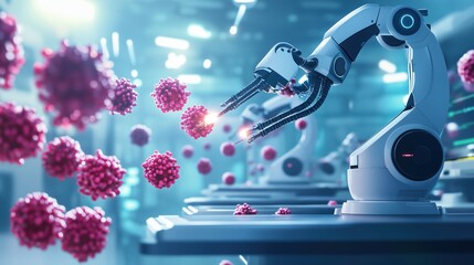Fototapeta premium Robotic Arm Targeting Virus: A futuristic image depicting a robotic arm precisely targeting and neutralizing virus particles in a high-tech laboratory setting.