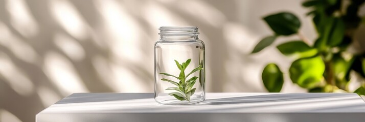 Plant Sprout in Glass Jar - A small green plant sprout inside a clear glass jar on a white surface, bathed in soft sunlight.