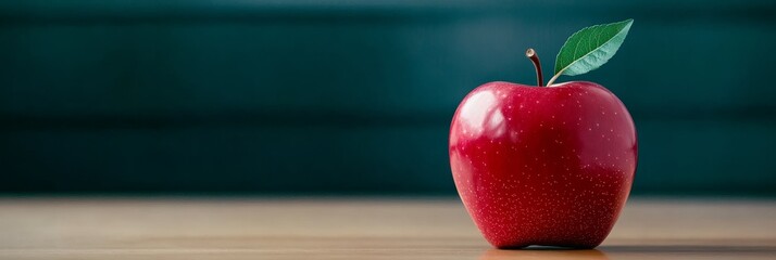 Red Apple on Wooden Table - A single, ripe red apple sits on a wooden surface against a dark teal background.  Perfect for education, health, or autumn themes.