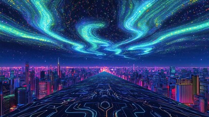 A radiant neon cityscape stretching endlessly beneath a simulated digital aurora borealis painted in intricate glowing patterns.