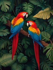 Obraz premium Scarlet Macaws in Lush Rainforest - Two vibrant scarlet macaws perched on a branch amidst lush green tropical foliage.