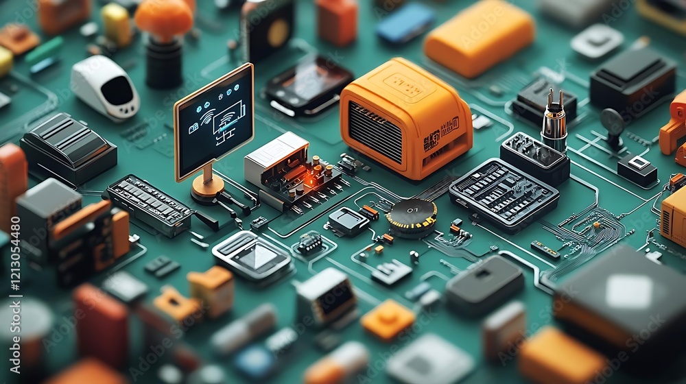 Poster miniature smart devices and components interconnected on a circuit board, showcasing iot technology.
