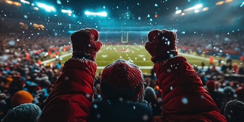 Fans cheer excitedly in a snowy football stadium during an evening game with floodlights illuminated