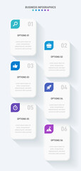 Vertical progress bar featuring 6 arrow-shaped elements, symbolizing the six stages of business strategy and progression. Clean timeline infographic design template. Vector for mobile presentation.